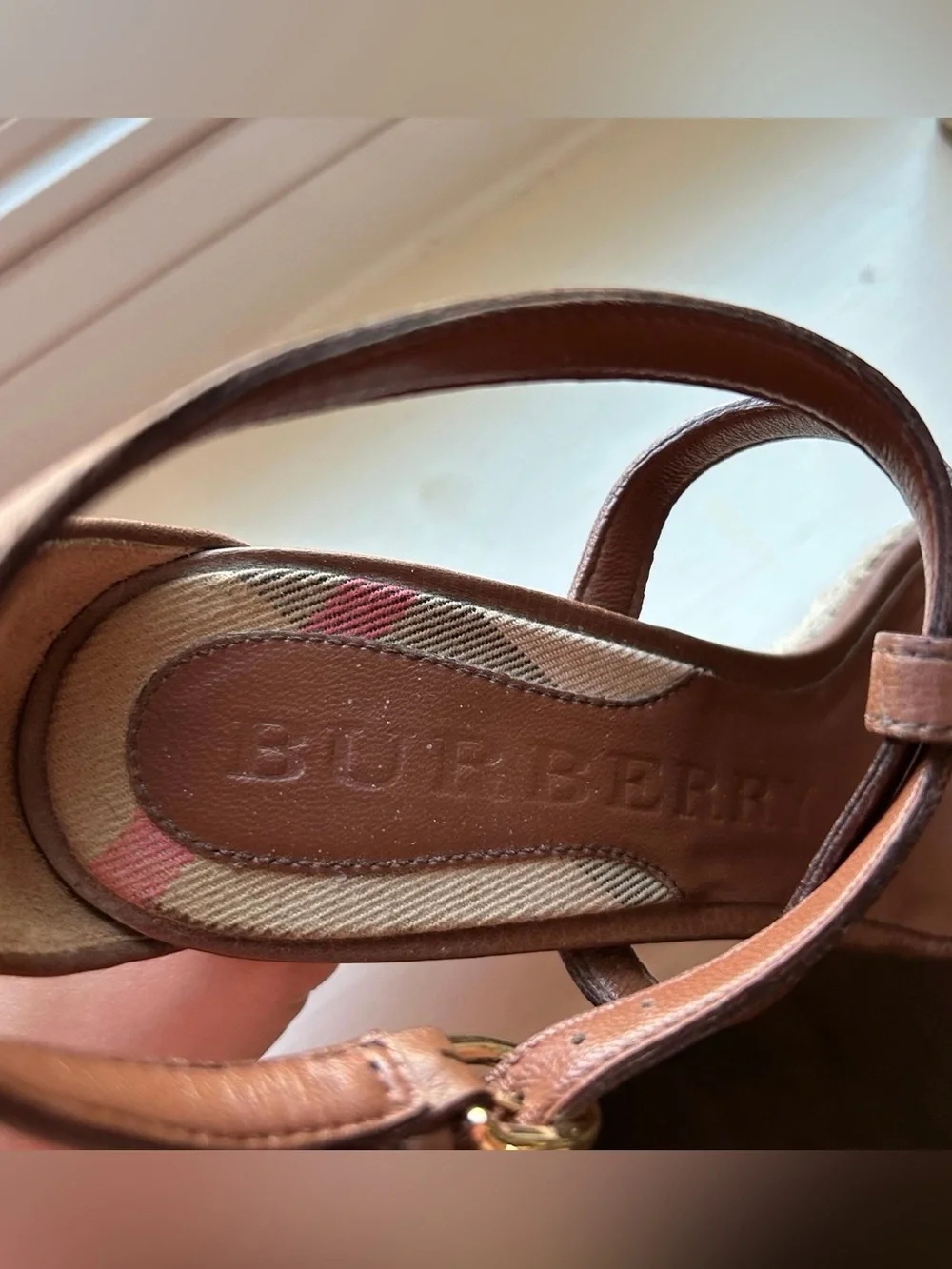 Burberry Brown Leather And Rope Espadrille Wedge Sandals House Check